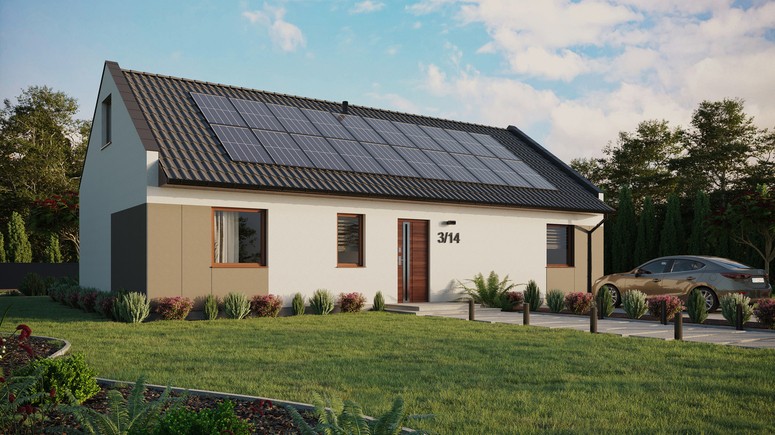 ERDOL 3 XL - Version Rechts (Wohnzimmer auf der rechten Seite) - Modernes Satteldach mit ausgebautem Dachboden -Dachneigung  35 Grad - keine Dachfenster - Standard - Styropor, Netz, Kleber - Nusbaum - Photovoltaik-Installation 8 kWp (20 Paneele)