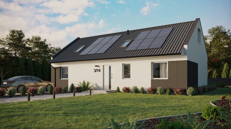 ERDOL 3 XL - Version Links (Wohnzimmer auf der linken Seite) - Modernes Satteldach mit ausgebautem Dachboden -Dachneigung  35 Grad - Zwei-Zimmer-Dachfenster - Standard - Styropor, Netz, Kleber - Weiß - Photovoltaik-Installation 4,8 kWp (12 Paneele)