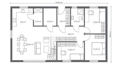 ERDOL 3 XL - Version Rechts (Wohnzimmer auf der rechten Seite) - Treppe im Wohnzimmer - Grundriss Erdgeschoss