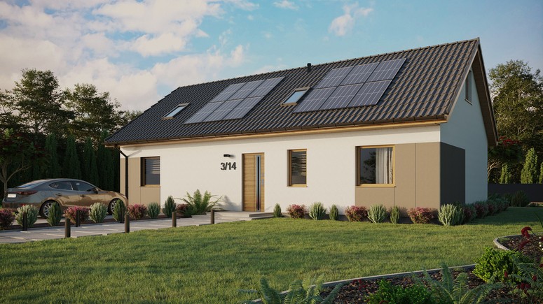 ERDOL 3 XL - Version Links (Wohnzimmer auf der linken Seite) - Satteldach mit ausgebautem Dachboden -Dachneigung  35 Grad - Zwei-Zimmer-Dachfenster - Standard - Styropor, Netz, Kleber - Winchester - Photovoltaik-Installation 4,8 kWp (12 Paneele)