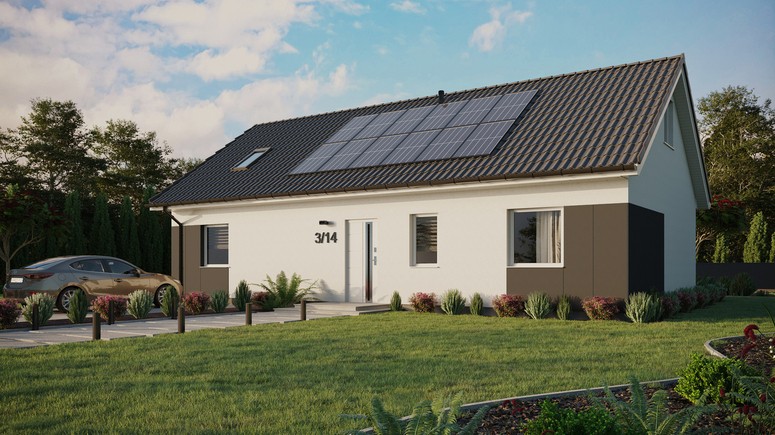ERDOL 3 XL - Version Links (Wohnzimmer auf der linken Seite) - Satteldach mit ausgebautem Dachboden -Dachneigung  35 Grad - Dachfenster für Zimmer und Badezimmer - Standard - Styropor, Netz, Kleber - Weiß - Photovoltaik-Installation 4,8 kWp (12 Paneele)