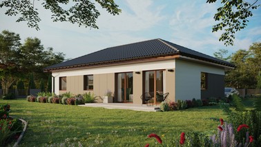 ERDOL 3 XL - Version Links (Wohnzimmer auf der linken Seite) - Walmdach ohne ausgebautem Dachboden - Dachneigung 25 Grad - keine Dachfenster - Standard - Styropor, Netz, Kleber - Nusbaum