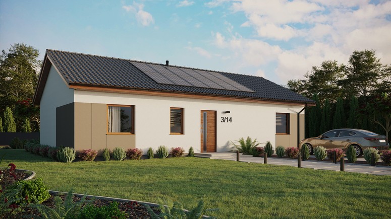 ERDOL 3 XL - Version Rechts (Wohnzimmer auf der rechten Seite) - Satteldach ohne ausgebautem Dachboden -Dachneigung  25 Grad - keine Dachfenster - Standard - Styropor, Netz, Kleber - Goldene Eiche - Photovoltaik-Installation 4,8 kWp (12 Paneele)