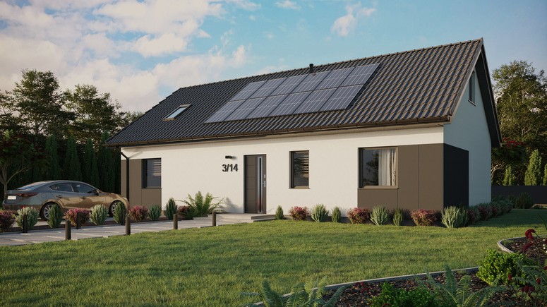 ERDOL 3 XL - Version Links (Wohnzimmer auf der linken Seite) - Satteldach mit ausgebautem Dachboden -Dachneigung  35 Grad - Dachfenster für Zimmer und Badezimmer - Balkontür im Esszimmer - Styropor, Netz, Kleber - Anthrazit - Photovoltaik-Installation 4,8 kWp (12 Paneele)