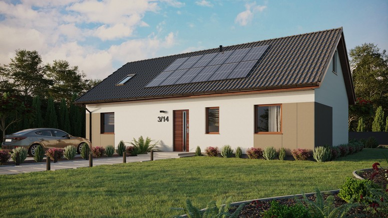ERDOL 3 XL - Version Links (Wohnzimmer auf der linken Seite) - Satteldach mit ausgebautem Dachboden -Dachneigung  35 Grad - Dachfenster für Zimmer und Badezimmer - Standard - Styropor, Netz, Kleber - Nusbaum - Photovoltaik-Installation 4,8 kWp (12 Paneele)