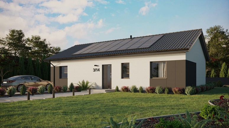 ERDOL 3 XL - Version Links (Wohnzimmer auf der linken Seite) - Satteldach ohne ausgebautem Dachboden -Dachneigung  25 Grad - keine Dachfenster - Standard - Styropor, Netz, Kleber - Anthrazit - Photovoltaik-Installation 6,4 kWp (16 Paneele)
