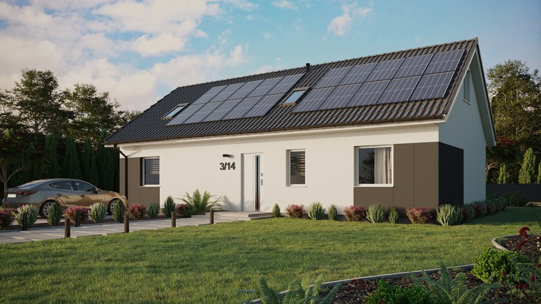 ERDOL 3 XL - Version Links (Wohnzimmer auf der linken Seite) - Satteldach mit ausgebautem Dachboden -Dachneigung  35 Grad - Zwei-Zimmer-Dachfenster - Standard - Styropor, Netz, Kleber - Weiß - Photovoltaik-Installation 8 kWp (20 Paneele)