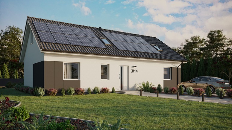 ERDOL 3 XL - Version Rechts (Wohnzimmer auf der rechten Seite) - Satteldach mit ausgebautem Dachboden -Dachneigung  35 Grad - Zwei-Zimmer-Dachfenster - Standard - Styropor, Netz, Kleber - Weiß - Photovoltaik-Installation 8 kWp (20 Paneele)