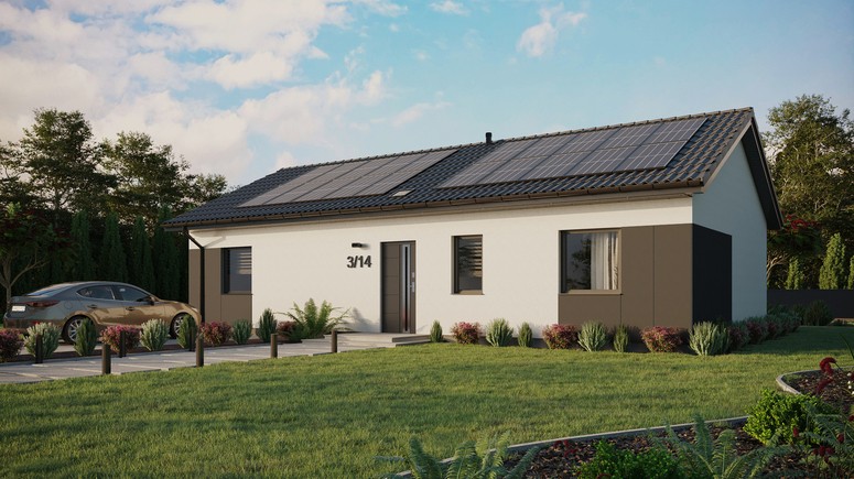 ERDOL 3 XL - Version Links (Wohnzimmer auf der linken Seite) - Satteldach ohne ausgebautem Dachboden -Dachneigung  25 Grad - Starres Tunneldachfenster - Standard - Styropor, Netz, Kleber - Anthrazit - Photovoltaik-Installation 8 kWp (20 Paneele)