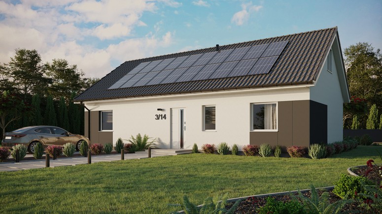 ERDOL 3 XL - Version Links (Wohnzimmer auf der linken Seite) - Satteldach mit ausgebautem Dachboden -Dachneigung  35 Grad - keine Dachfenster - Standard - Styropor, Netz, Kleber - Weiß - Photovoltaik-Installation 8 kWp (20 Paneele)