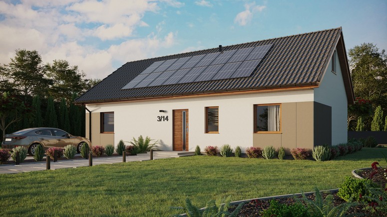ERDOL 3 XL - Version Links (Wohnzimmer auf der linken Seite) - Satteldach mit ausgebautem Dachboden -Dachneigung  35 Grad - keine Dachfenster - Standard - Styropor, Netz, Kleber - Goldene Eiche - Photovoltaik-Installation 6,4 kWp (16 Paneele)