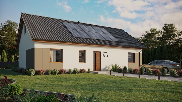 ERDOL 3 XL - Version Rechts (Wohnzimmer auf der rechten Seite) - Satteldach mit ausgebautem Dachboden -Dachneigung  35 Grad - keine Dachfenster - Standard - Styropor, Netz, Kleber - Goldene Eiche - Photovoltaik-Installation 4,8 kWp (12 Paneele)