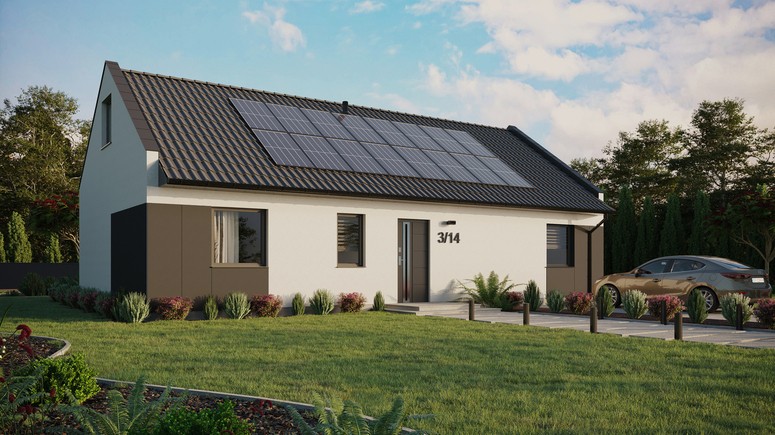 ERDOL 3 XL - Version Rechts (Wohnzimmer auf der rechten Seite) - Modernes Satteldach mit ausgebautem Dachboden -Dachneigung  35 Grad - keine Dachfenster - Standard - Styropor, Netz, Kleber - Anthrazit - Photovoltaik-Installation 6,4 kWp (16 Paneele)