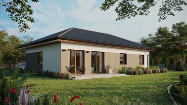 ERDOL 3 XL - Version Rechts (Wohnzimmer auf der rechten Seite) - Walmdach ohne ausgebautem Dachboden - Dachneigung 25 Grad - keine Dachfenster - Standard - Styropor, Netz, Kleber - Nusbaum
