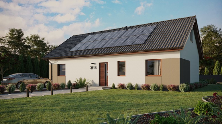 ERDOL 3 XL - Version Links (Wohnzimmer auf der linken Seite) - Satteldach mit ausgebautem Dachboden -Dachneigung  35 Grad - keine Dachfenster - Standard - Styropor, Netz, Kleber - Nusbaum - Photovoltaik-Installation 6,4 kWp (16 Paneele)