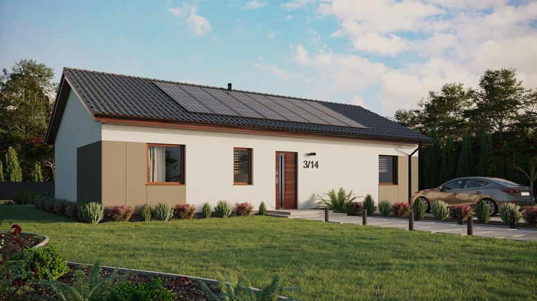 ERDOL 3 XL - Version Rechts (Wohnzimmer auf der rechten Seite) - Satteldach ohne ausgebautem Dachboden -Dachneigung  25 Grad - keine Dachfenster - Standard - Styropor, Netz, Kleber - Nusbaum - Photovoltaik-Installation 6,4 kWp (16 Paneele)