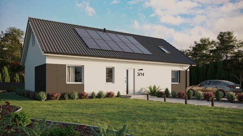 ERDOL 3 XL - Version Rechts (Wohnzimmer auf der rechten Seite) - Satteldach mit ausgebautem Dachboden -Dachneigung  35 Grad - Dachfenster für Zimmer und Badezimmer - Balkontür im Esszimmer - Styropor, Netz, Kleber - Weiß - Photovoltaik-Installation 4,8 kWp (12 Paneele)
