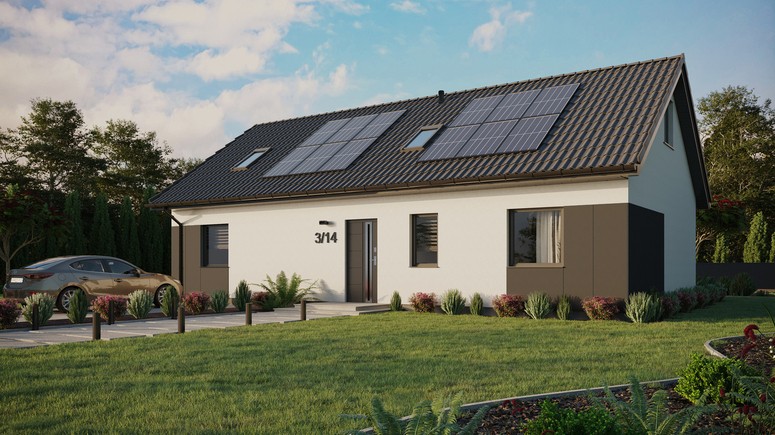 ERDOL 3 XL - Version Links (Wohnzimmer auf der linken Seite) - Satteldach mit ausgebautem Dachboden -Dachneigung  35 Grad - Zwei Zimmer-Dachfenster und ein Badezimmer-Dachfenster - Standard - Styropor, Netz, Kleber - Anthrazit - Photovoltaik-Installation 4,8 kWp (12 Paneele)