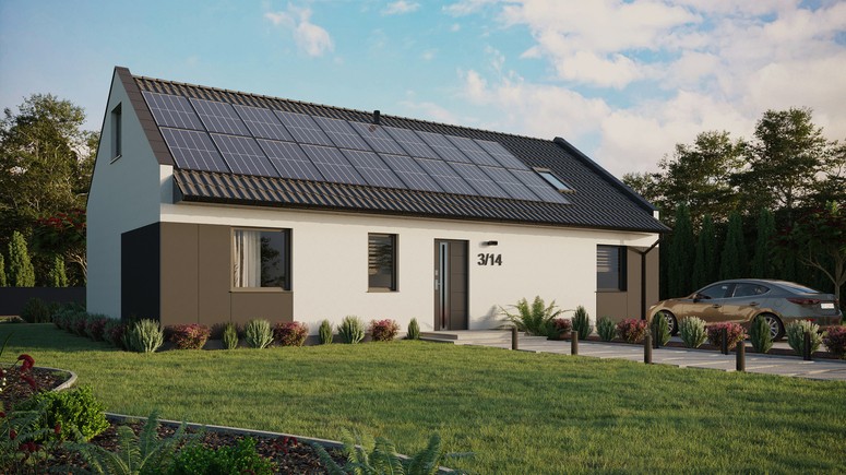 ERDOL 3 XL - Version Rechts (Wohnzimmer auf der rechten Seite) - Modernes Satteldach mit ausgebautem Dachboden -Dachneigung  35 Grad - Dachfenster für Zimmer und Badezimmer - Standard - Styropor, Netz, Kleber - Anthrazit - Photovoltaik-Installation 8 kWp (20 Paneele)
