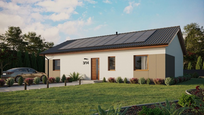 ERDOL 3 XL - Version Links (Wohnzimmer auf der linken Seite) - Satteldach ohne ausgebautem Dachboden -Dachneigung  25 Grad - keine Dachfenster - Standard - Styropor, Netz, Kleber - Goldene Eiche - Photovoltaik-Installation 8 kWp (20 Paneele)