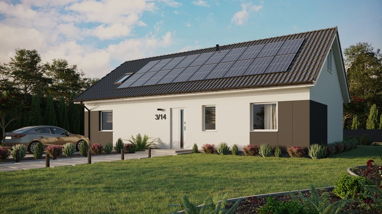 ERDOL 3 XL - Version Links (Wohnzimmer auf der linken Seite) - Satteldach mit ausgebautem Dachboden -Dachneigung  35 Grad - Dachfenster für Zimmer und Badezimmer - Standard - Styropor, Netz, Kleber - Weiß - Photovoltaik-Installation 8 kWp (20 Paneele)