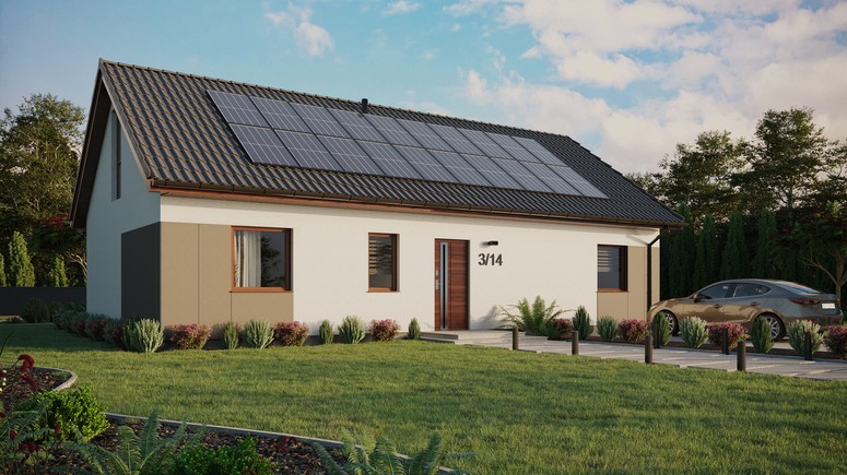 ERDOL 3 XL - Version Rechts (Wohnzimmer auf der rechten Seite) - Satteldach mit ausgebautem Dachboden -Dachneigung  35 Grad - keine Dachfenster - Bodentiefes Fenster im Dachgeschoss - Styropor, Netz, Kleber - Nusbaum - Photovoltaik-Installation 8 kWp (20 Paneele)