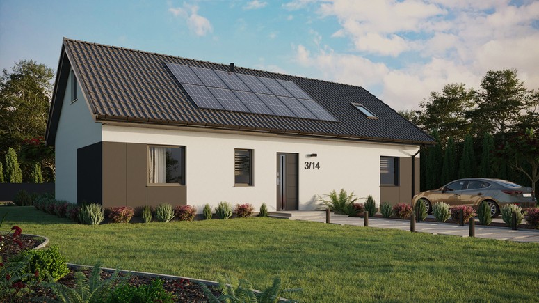 ERDOL 3 XL - Version Rechts (Wohnzimmer auf der rechten Seite) - Satteldach mit ausgebautem Dachboden -Dachneigung  35 Grad - Dachfenster für Zimmer und Badezimmer - Balkontür im Esszimmer - Styropor, Netz, Kleber - Anthrazit - Photovoltaik-Installation 4,8 kWp (12 Paneele)