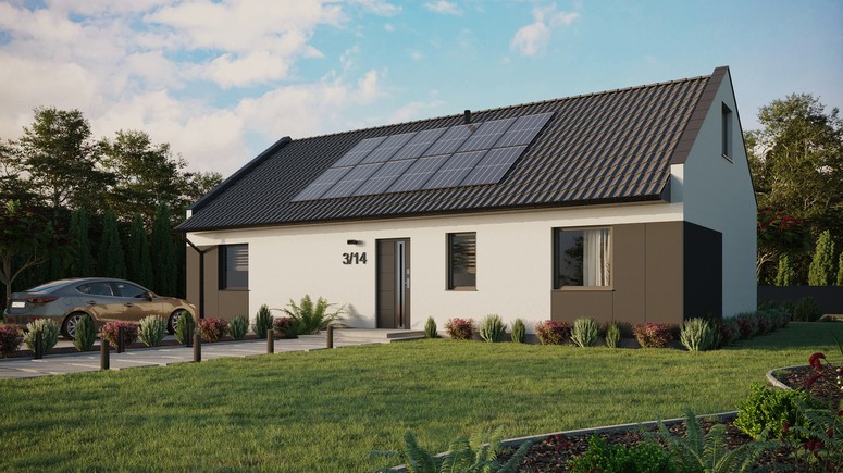 ERDOL 3 XL - Version Links (Wohnzimmer auf der linken Seite) - Modernes Satteldach mit ausgebautem Dachboden -Dachneigung  35 Grad - keine Dachfenster - Standard - Styropor, Netz, Kleber - Anthrazit - Photovoltaik-Installation 4,8 kWp (12 Paneele)
