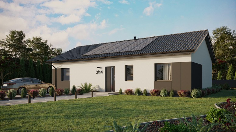 ERDOL 3 XL - Version Links (Wohnzimmer auf der linken Seite) - Satteldach ohne ausgebautem Dachboden -Dachneigung  25 Grad - keine Dachfenster - Standard - Styropor, Netz, Kleber - Anthrazit - Photovoltaik-Installation 4,8 kWp (12 Paneele)