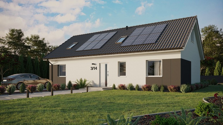 ERDOL 3 XL - Version Links (Wohnzimmer auf der linken Seite) - Satteldach mit ausgebautem Dachboden -Dachneigung  35 Grad - Zwei-Zimmer-Dachfenster - Balkontür im Esszimmer - Styropor, Netz, Kleber - Weiß - Photovoltaik-Installation 4,8 kWp (12 Paneele)
