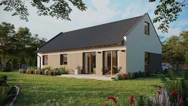 ERDOL 3 XL - Version Links (Wohnzimmer auf der linken Seite) - Modernes Satteldach mit ausgebautem Dachboden -Dachneigung  35 Grad - keine Dachfenster - Standard - Styropor, Netz, Kleber - Goldene Eiche - Ohne