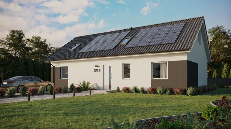 ERDOL 3 XL - Version Links (Wohnzimmer auf der linken Seite) - Satteldach mit ausgebautem Dachboden -Dachneigung  35 Grad - Zwei Zimmer-Dachfenster und ein Badezimmer-Dachfenster - Standard - Styropor, Netz, Kleber - Weiß - Photovoltaik-Installation 6,4 kWp (16 Paneele)