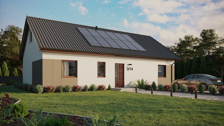 ERDOL 3 XL - Version Rechts (Wohnzimmer auf der rechten Seite) - Satteldach mit ausgebautem Dachboden -Dachneigung  35 Grad - keine Dachfenster - Standard - Styropor, Netz, Kleber - Nusbaum - Photovoltaik-Installation 4,8 kWp (12 Paneele)