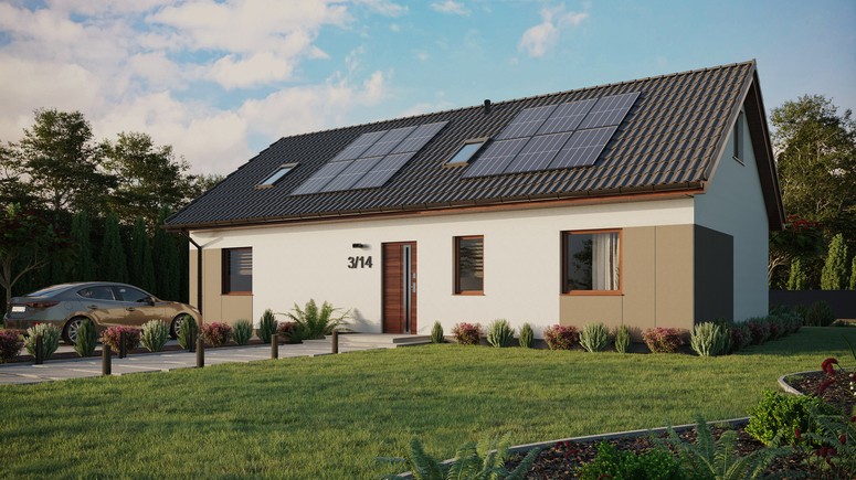 ERDOL 3 XL - Version Links (Wohnzimmer auf der linken Seite) - Satteldach mit ausgebautem Dachboden -Dachneigung  35 Grad - Zwei Zimmer-Dachfenster und ein Badezimmer-Dachfenster - Standard - Styropor, Netz, Kleber - Nusbaum - Photovoltaik-Installation 4,8 kWp (12 Paneele)
