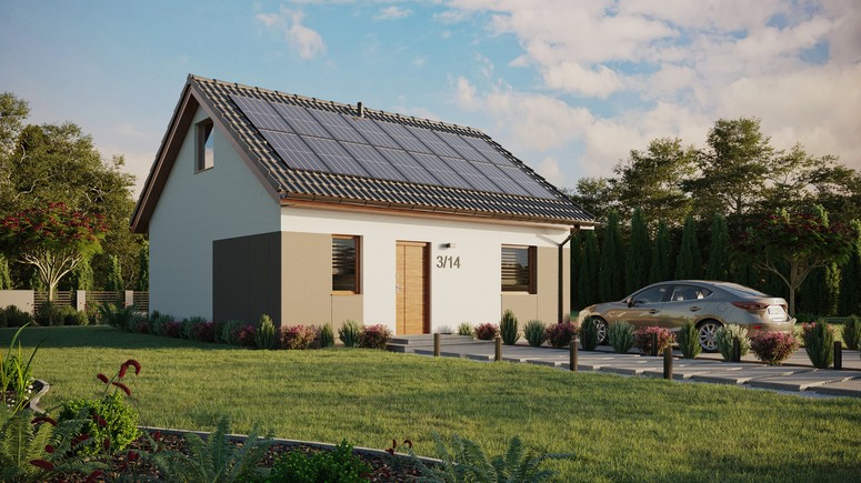 ERDOL 1 - Version Rechts (Wohnzimmer auf der rechten Seite) - Satteldach mit ausgebautem Dachboden -Dachneigung  35 Grad - Zwei-Zimmer-Dachfenster - Standard - Styropor, Netz, Kleber - Goldene Eiche - Photovoltaik-Installation 6,4 kWp (16 Paneele)