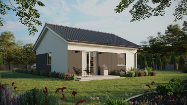ERDOL 1 - Version Rechts (Wohnzimmer auf der rechten Seite) - Satteldach ohne ausgebautem Dachboden -Dachneigung  25 Grad - keine Dachfenster - Standard - Styropor, Netz, Kleber - Weiß - Photovoltaik-Installation 6,4 kWp (16 Paneele)