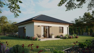 ERDOL 1 - Version Rechts (Wohnzimmer auf der rechten Seite) - Walmdach ohne ausgebautem Dachboden - Dachneigung 25 Grad - keine Dachfenster - Standard - Styropor, Netz, Kleber - Goldene Eiche