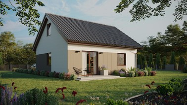 ERDOL 1 - Version Rechts (Wohnzimmer auf der rechten Seite) - Satteldach mit ausgebautem Dachboden -Dachneigung  35 Grad - keine Dachfenster - Standard - Styropor, Netz, Kleber - Nusbaum - Ohne