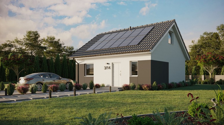ERDOL 1 - Version Links (Wohnzimmer auf der linken Seite) - Satteldach mit ausgebautem Dachboden -Dachneigung  35 Grad - Zwei-Zimmer-Dachfenster - Standard - Styropor, Netz, Kleber - Weiß - Photovoltaik-Installation 4,8 kWp (12 Paneele)