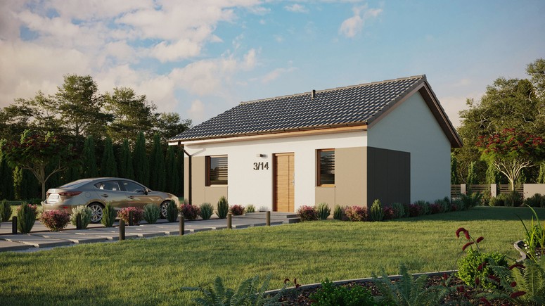 ERDOL 1 - Version Links (Wohnzimmer auf der linken Seite) - Satteldach ohne ausgebautem Dachboden -Dachneigung  25 Grad - keine Dachfenster - Standard - Styropor, Netz, Kleber - Goldene Eiche - Ohne