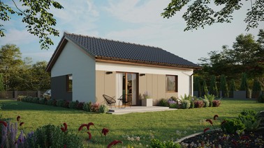 ERDOL 1 - Version Rechts (Wohnzimmer auf der rechten Seite) - Satteldach ohne ausgebautem Dachboden -Dachneigung  25 Grad - keine Dachfenster - Standard - Styropor, Netz, Kleber - Goldene Eiche - Ohne