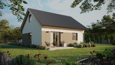 ERDOL 1 - Version Rechts (Wohnzimmer auf der rechten Seite) - Satteldach mit ausgebautem Dachboden -Dachneigung  35 Grad - keine Dachfenster - Standard - Styropor, Netz, Kleber - Winchester - Photovoltaik-Installation 6,4 kWp (16 Paneele)
