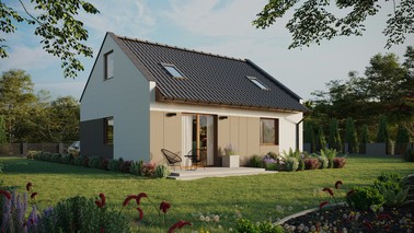 ERDOL 1 - Version Rechts (Wohnzimmer auf der rechten Seite) - Modernes Satteldach mit ausgebautem Dachboden -Dachneigung  35 Grad - Zwei-Zimmer-Dachfenster - Standard - Styropor, Netz, Kleber - Goldene Eiche - Ohne
