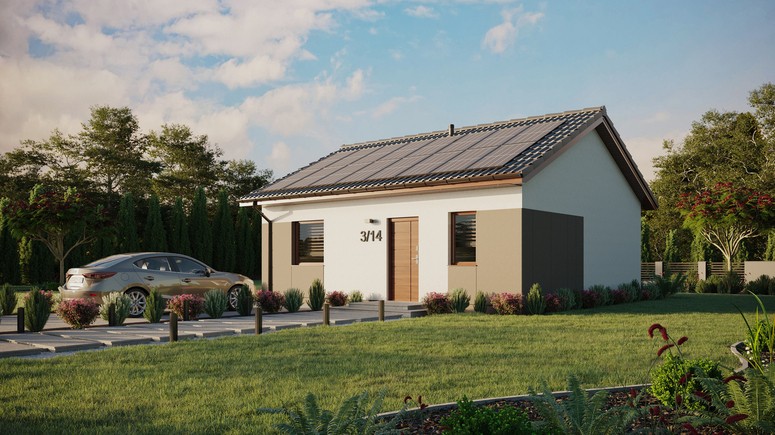 ERDOL 1 - Version Links (Wohnzimmer auf der linken Seite) - Satteldach ohne ausgebautem Dachboden -Dachneigung  25 Grad - keine Dachfenster - Standard - Styropor, Netz, Kleber - Nusbaum - Photovoltaik-Installation 6,4 kWp (16 Paneele)