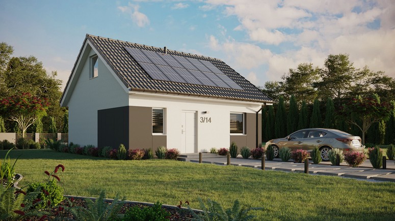 ERDOL 1 - Version Rechts (Wohnzimmer auf der rechten Seite) - Satteldach mit ausgebautem Dachboden -Dachneigung  35 Grad - Zwei-Zimmer-Dachfenster - Standard - Styropor, Netz, Kleber - Weiß - Photovoltaik-Installation 4,8 kWp (12 Paneele)