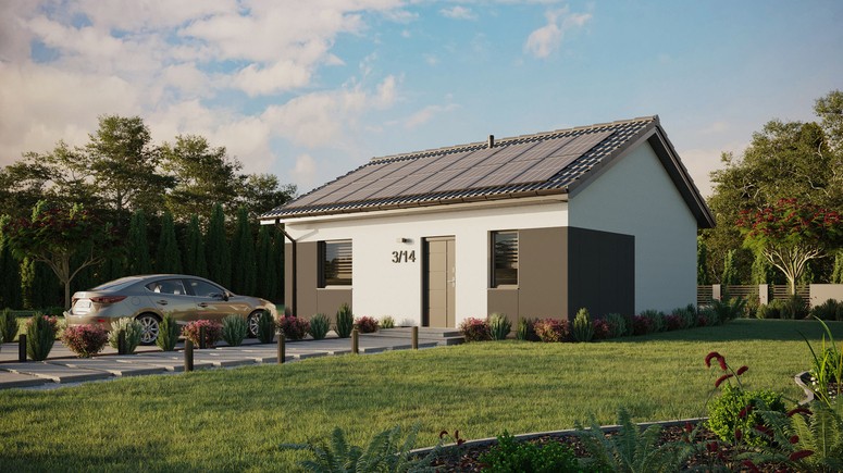 ERDOL 1 - Version Links (Wohnzimmer auf der linken Seite) - Satteldach ohne ausgebautem Dachboden -Dachneigung  25 Grad - keine Dachfenster - Standard - Styropor, Netz, Kleber - Anthrazit - Photovoltaik-Installation 6,4 kWp (16 Paneele)