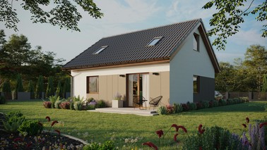 ERDOL 1 - Version Links (Wohnzimmer auf der linken Seite) - Satteldach mit ausgebautem Dachboden -Dachneigung  35 Grad - Zwei-Zimmer-Dachfenster - Standard - Styropor, Netz, Kleber - Goldene Eiche - Ohne
