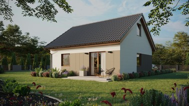 ERDOL 1 - Version Links (Wohnzimmer auf der linken Seite) - Satteldach mit ausgebautem Dachboden -Dachneigung  35 Grad - keine Dachfenster - Standard - Styropor, Netz, Kleber - Goldene Eiche - Ohne