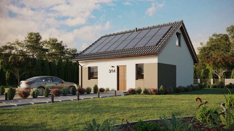 ERDOL 1 - Version Links (Wohnzimmer auf der linken Seite) - Satteldach mit ausgebautem Dachboden -Dachneigung  35 Grad - keine Dachfenster - Standard - Styropor, Netz, Kleber - Nusbaum - Photovoltaik-Installation 6,4 kWp (16 Paneele)