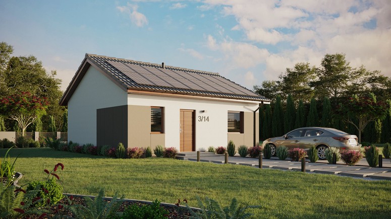 ERDOL 1 - Version Rechts (Wohnzimmer auf der rechten Seite) - Satteldach ohne ausgebautem Dachboden -Dachneigung  25 Grad - keine Dachfenster - Standard - Styropor, Netz, Kleber - Nusbaum - Photovoltaik-Installation 6,4 kWp (16 Paneele)
